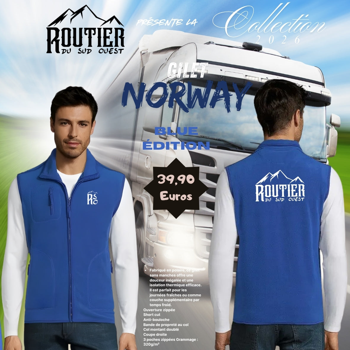 Polaire sans manche "Norway" Routier du sud ouest BLUE EDITION