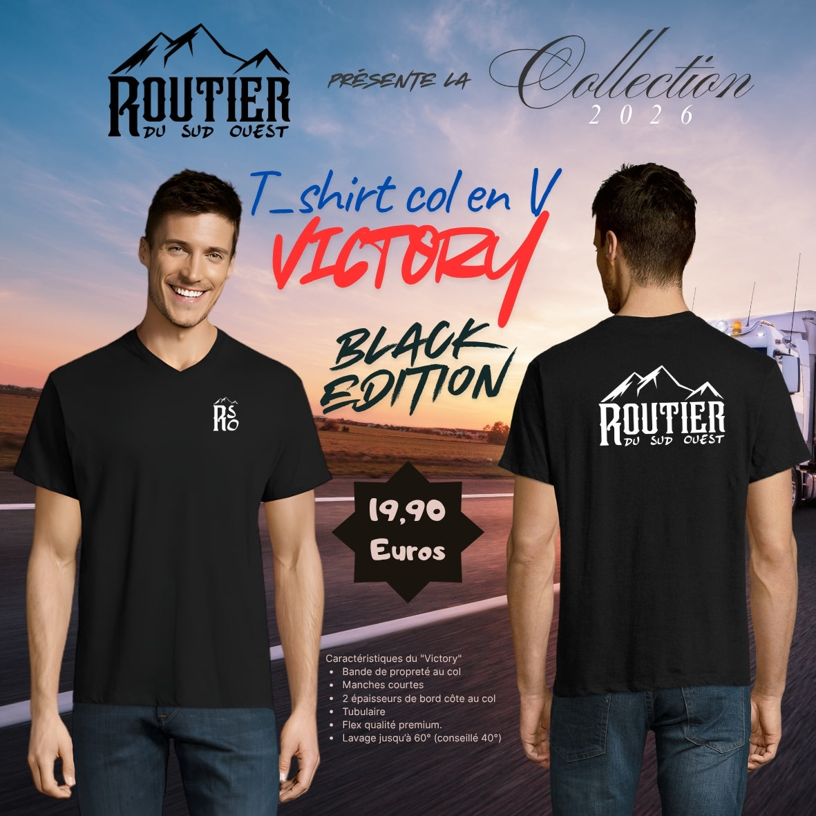 T-shirt col en V "Victory" Routier du sur ouest BLACK EDITION