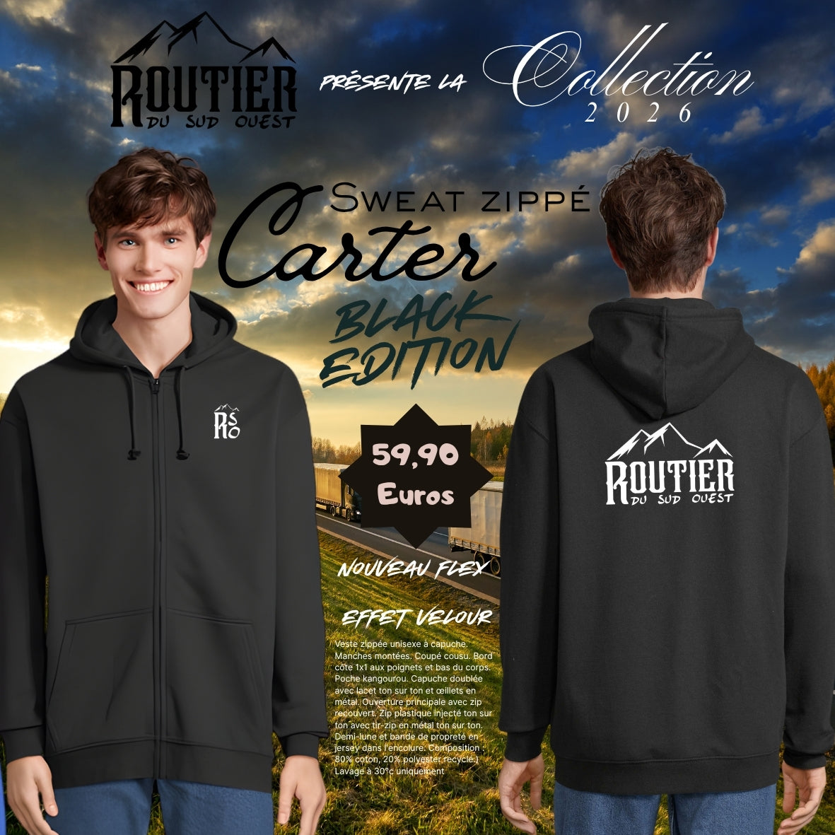 Sweat zippé "Carter" Routier du sud ouest BLACK EDITION