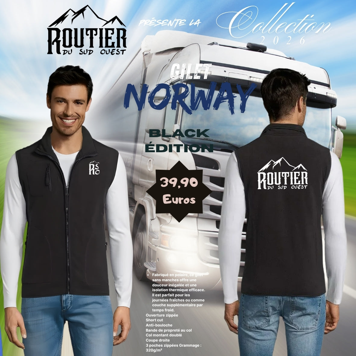 Polaire sans manche "Norway" Routier du sud ouest BLACK EDITION