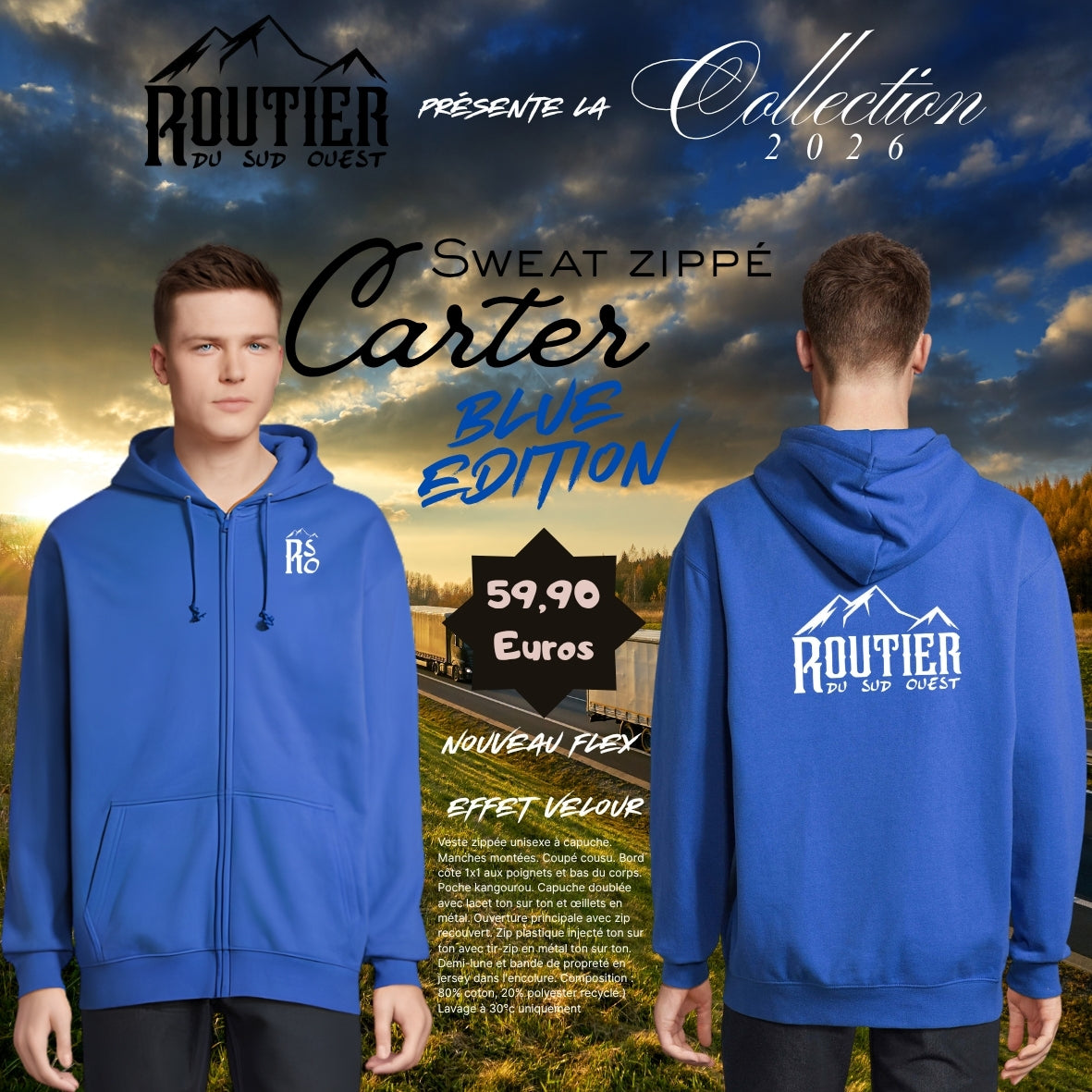 Sweat zippé "Carter" Routier du sud ouest BLUE EDITION